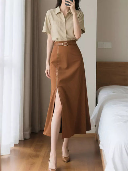 Conjunto elegante de camisa de manga corta y falda tubo retro para mujer