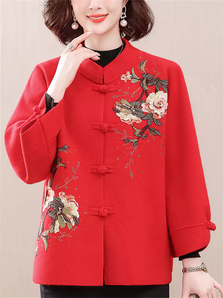 Kaschmirmantel im chinesischen Stil mit Blumenstickerei in Übergröße für Damen