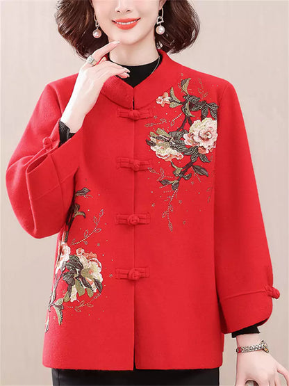Kaschmirmantel im chinesischen Stil mit Blumenstickerei in Übergröße für Damen