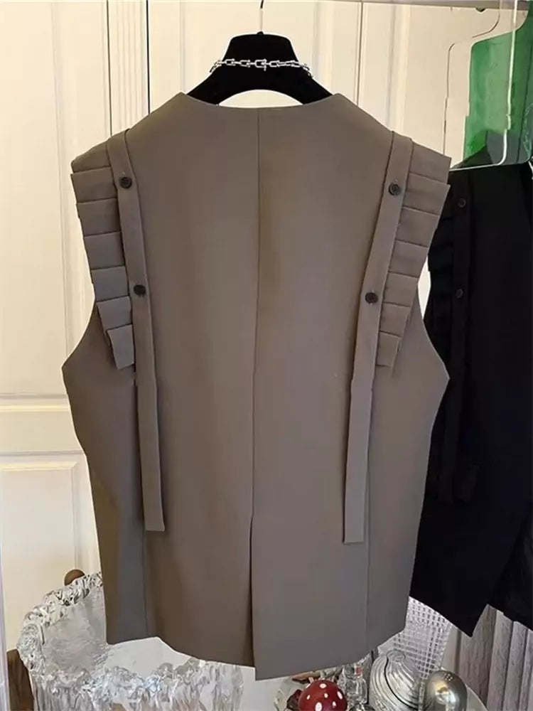 Spring Ruffle-Trimmed Sleeveless Blazer Vest for Women