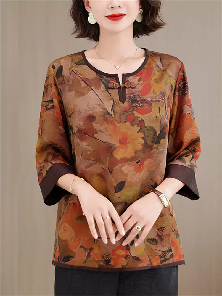 Neue, locker geschnittene Bluse im chinesischen Stil mit Print und 3/4-Ärmeln für Damen