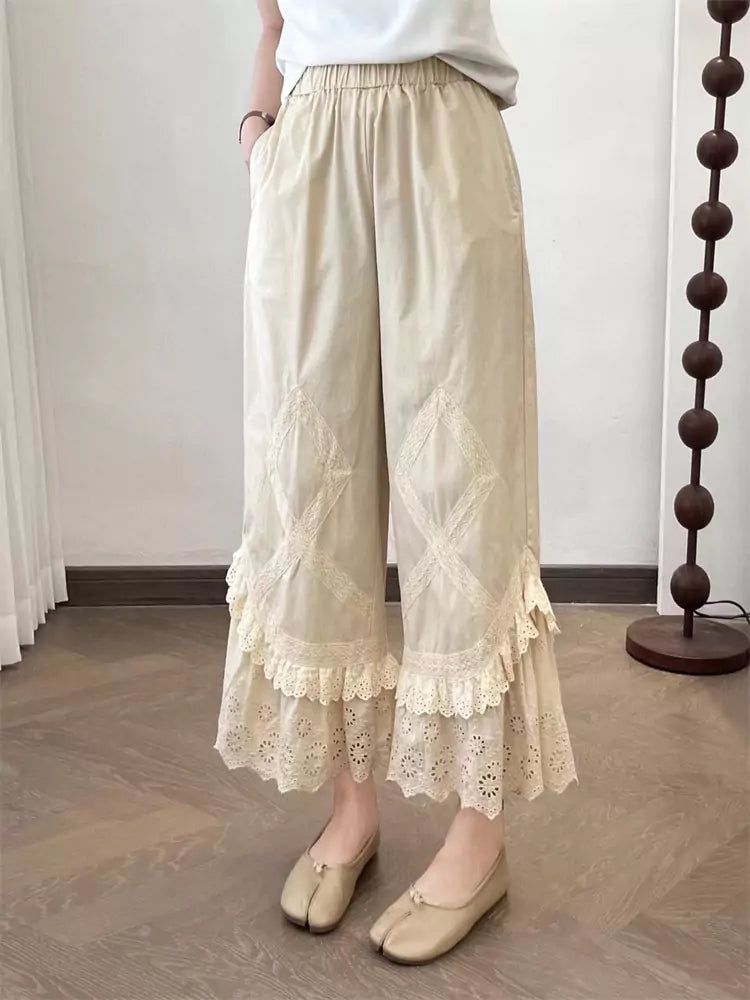Sweet Mori Style hochtaillierte, bestickte Schlaghose mit Spitzenbesatz und Lagen für Damen