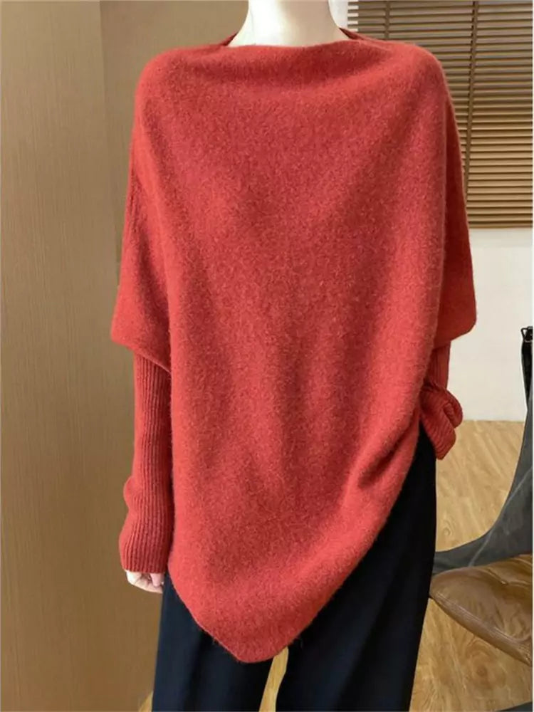 Wool Knit Camel Boat Neck Poncho Sweater – Loose Pullover Mid-Length Shawl for Autumn & Winter