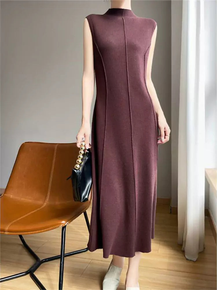 Ärmelloses rotes Strickkleid mit Rollkragen in Midi-Länge für Damen – Elegantes, figurbetontes Strickkleid