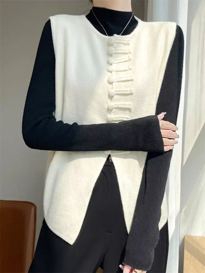 Neue kamelfarbene Strickweste im chinesischen Stil für Damen – ärmellos, locker geschnitten, mit Froschknopfverschluss für Herbst/Winter