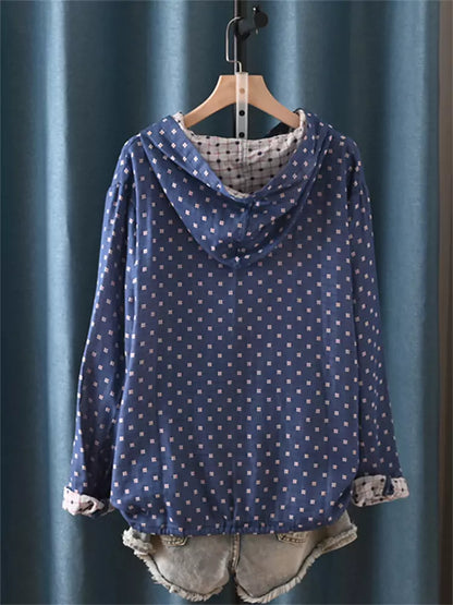 Comfortable Casual Double-Layer Cotton Gauze Checkered Printed Jacket with Hood for Women