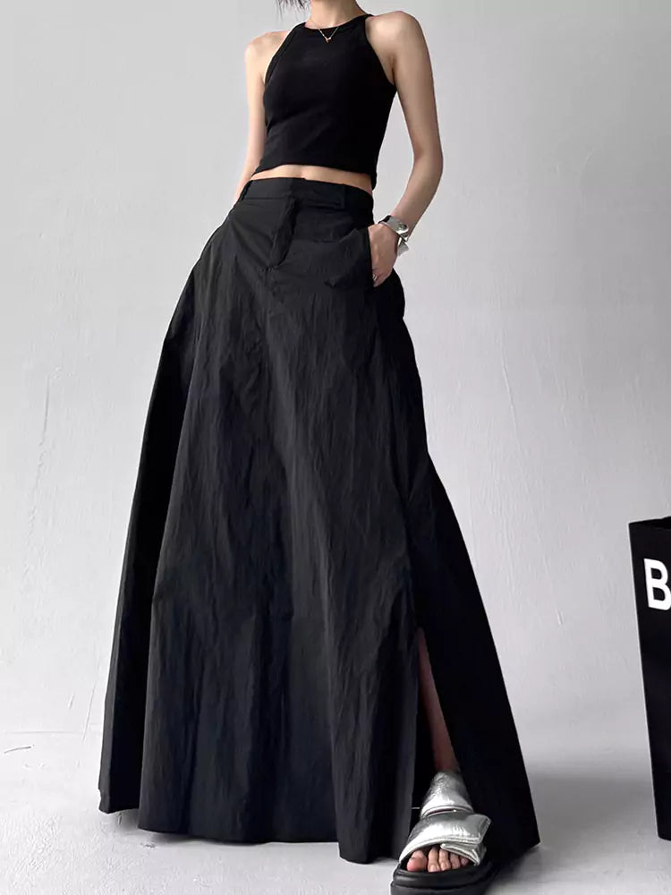 American Vintage Black High-Waisted Side-Ruched A-Line Pencil Maxi Skirt for Women