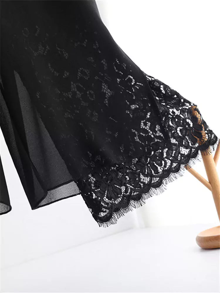 Pantalones rectos cortos de cintura alta con encaje y retazos de gasa elegantes para mujer