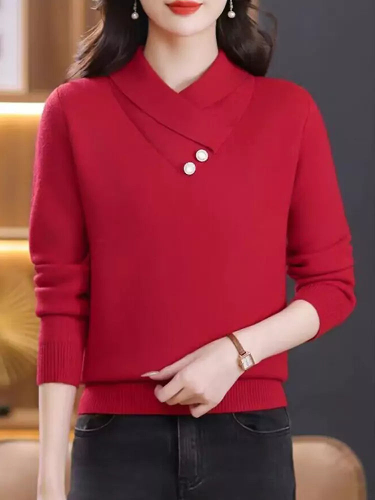 French Style Elegant Cross Collar Knit Sweater for Women