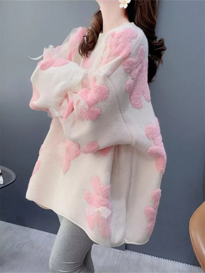 Suéter elegante de cuello redondo con lazo y oso para mujer: prendas de punto cómodas y elegantes