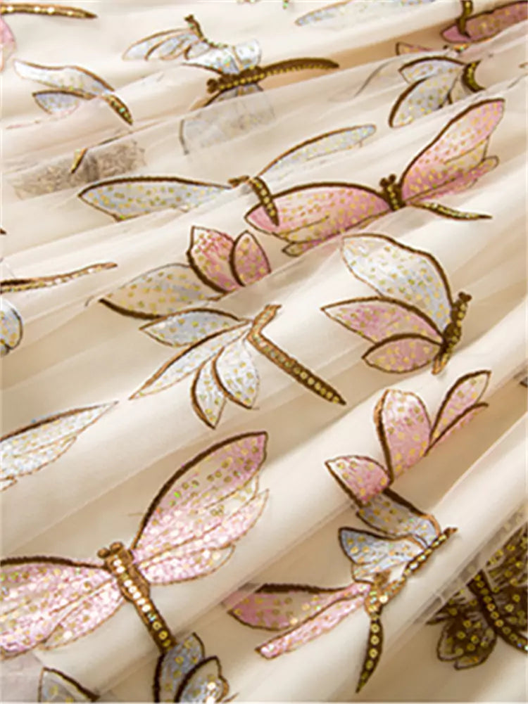 Fashion Sequin & Butterfly Embroidered Tulle Midi A-Line Skirt for Women