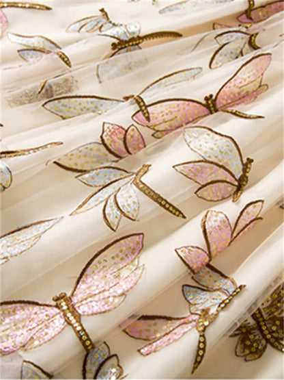 Modischer Pailletten- und Schmetterlingsstickerei-Tüll-Midirock in A-Linie für Damen