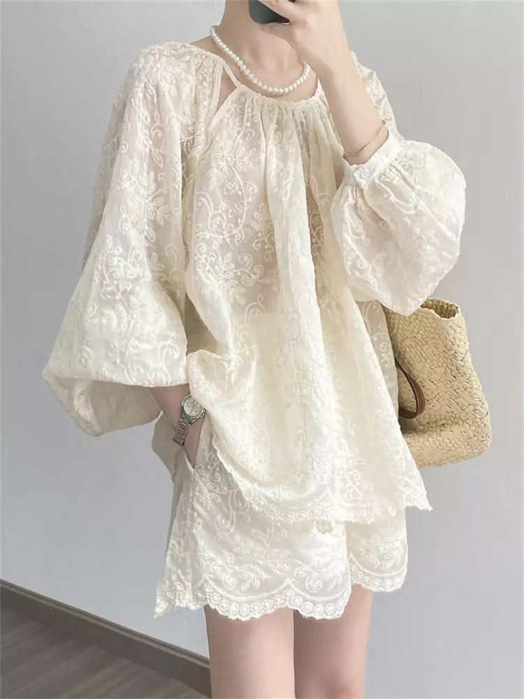 Conjunto de dos piezas de encaje blanco bordado estilo francés para mujer