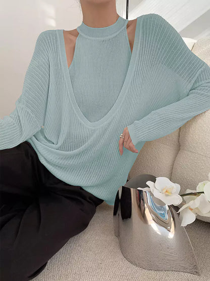 Conjunto de dos piezas de camiseta de tirantes de punto con cuello halter y jersey holgado con cuello en U para mujer