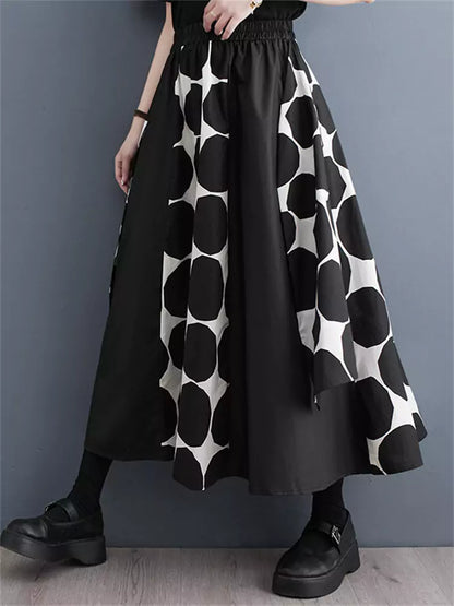 Locker geschnittener, dunkel gepunkteter A-Linien-Rock im Patchwork-Stil für Damen