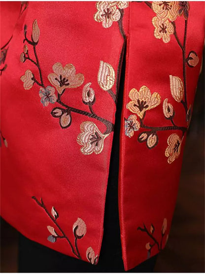 Stilvolle, rot bestickte, mittellange Weste im chinesischen Vintage-Stil mit pelzbesetztem Stehkragen für Damen