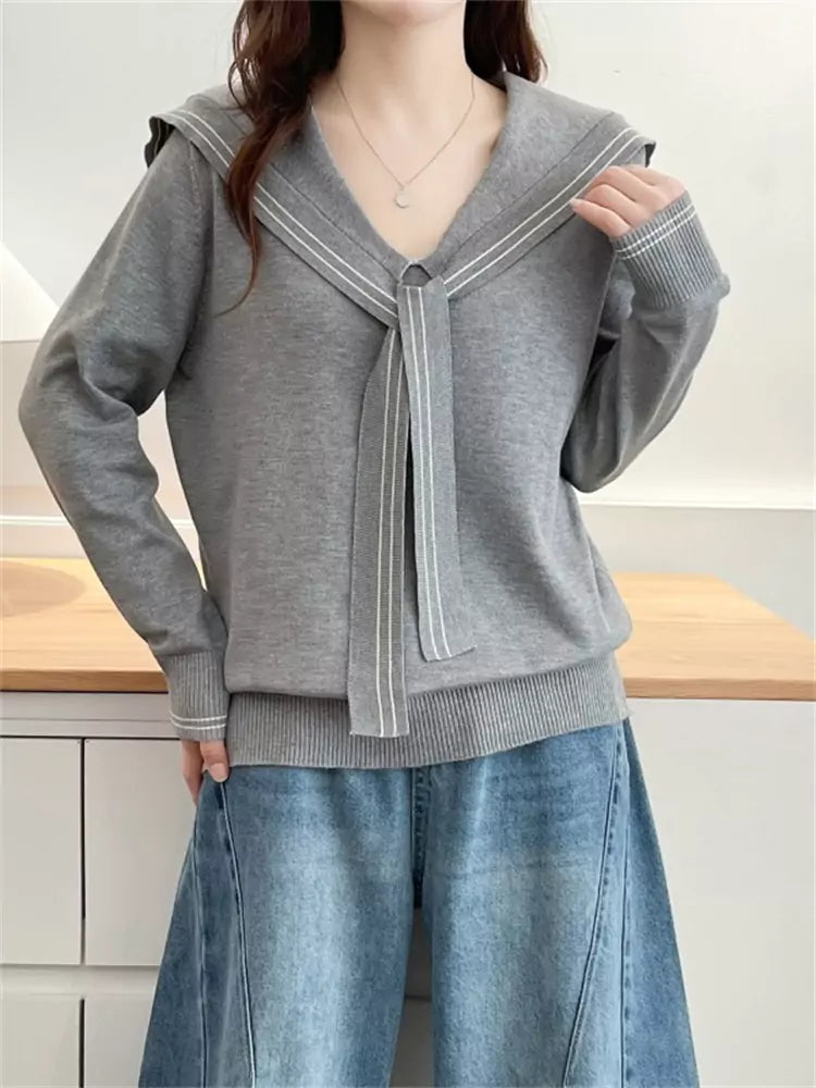Striped Gray Sailor Collar Knit Sweater for Women