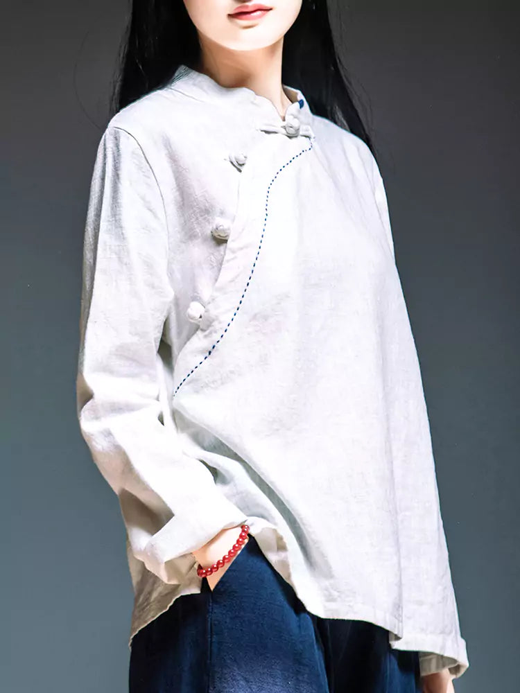 Vintage-Leinenbluse für Damen mit Stehkragen – Bluse im chinesischen Stil mit Knöpfen
