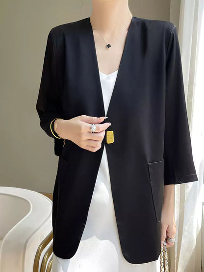 Schwarzer Damen-Satinblazer mit V-Ausschnitt – Figurformende Jacke mit 3/4-Ärmeln