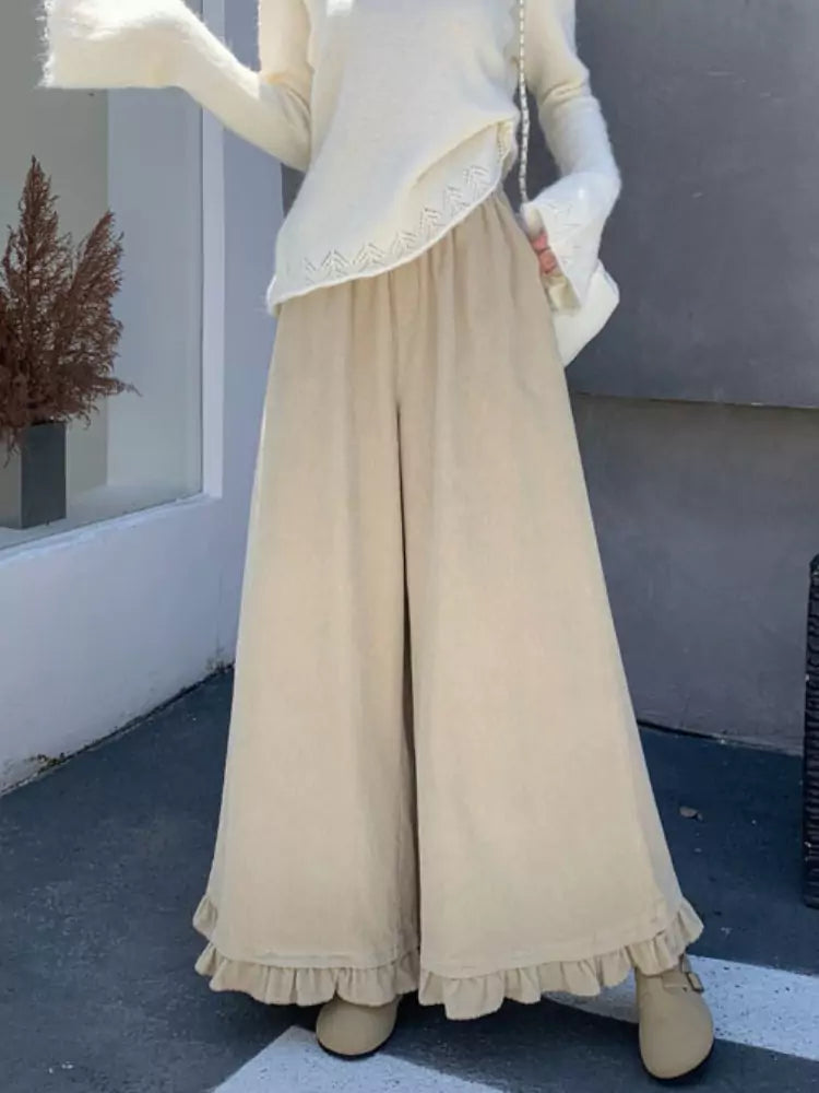 Pantalones anchos de pana rosa con volantes para mujer