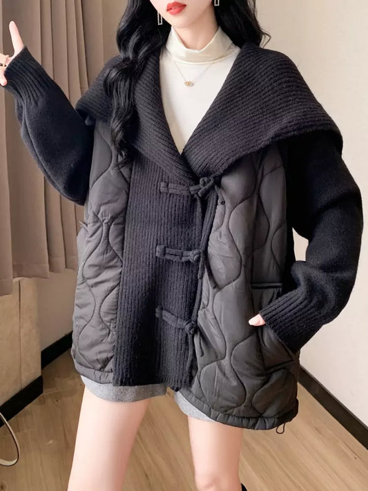 Cárdigan de punto con cuello azul marino negro para mujer