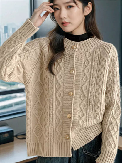 Cárdigan corto de punto grueso con cuello redondo rojo para mujer