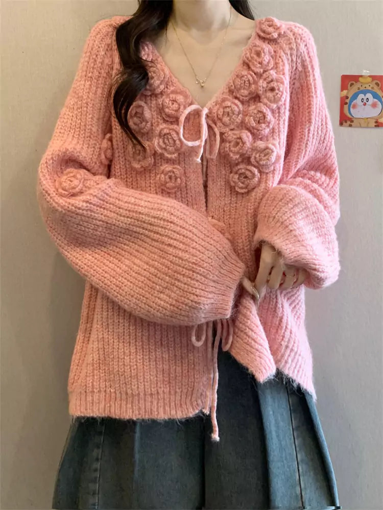 Roter 3D-Strickcardigan mit Blumenmuster und V-Ausschnitt für Damen