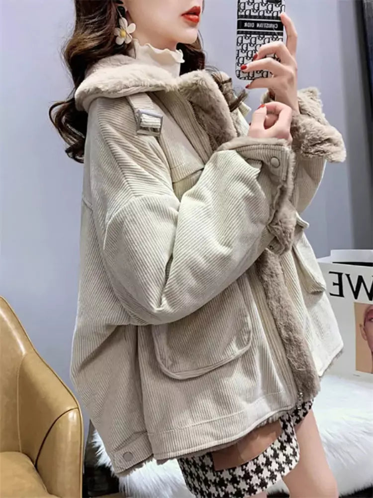 Faux Shearling Corduroy Work Jacket for Women