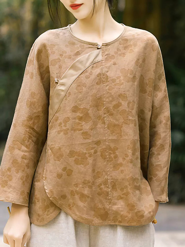 Gelbes Damenhemd im neuen chinesischen Stil aus Leinen mit Kreuzkragen und Froschknöpfen