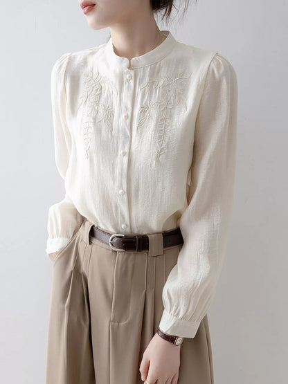 Aprikosenfarbene, bestickte Bluse mit Stehkragen für Damen