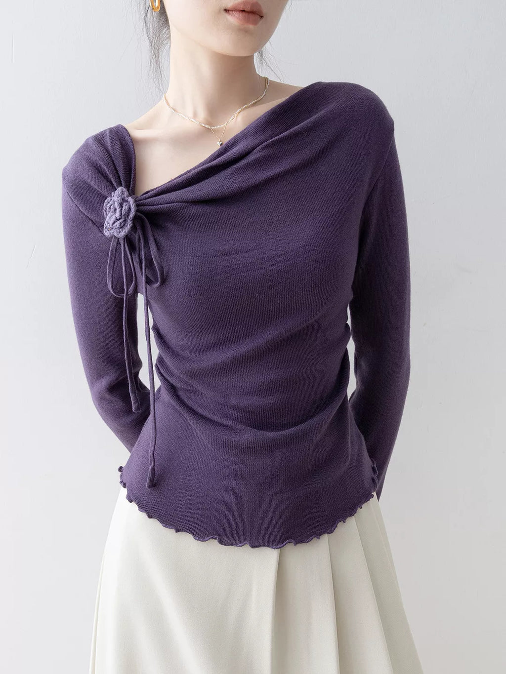 Purple Floral Ruffled Asymmetric Neck Knit Top for Women