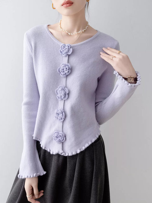 Elegant Purple Round Neck Knit Top with Floral & Ruffle Details