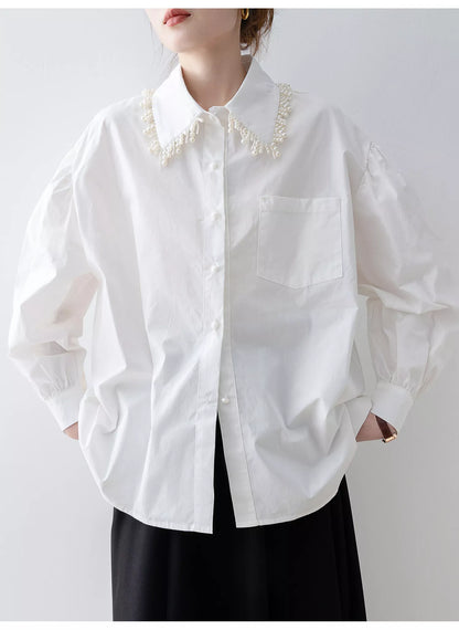 Damen-Poloshirt mit weißem Perlendekor und Laternenärmeln