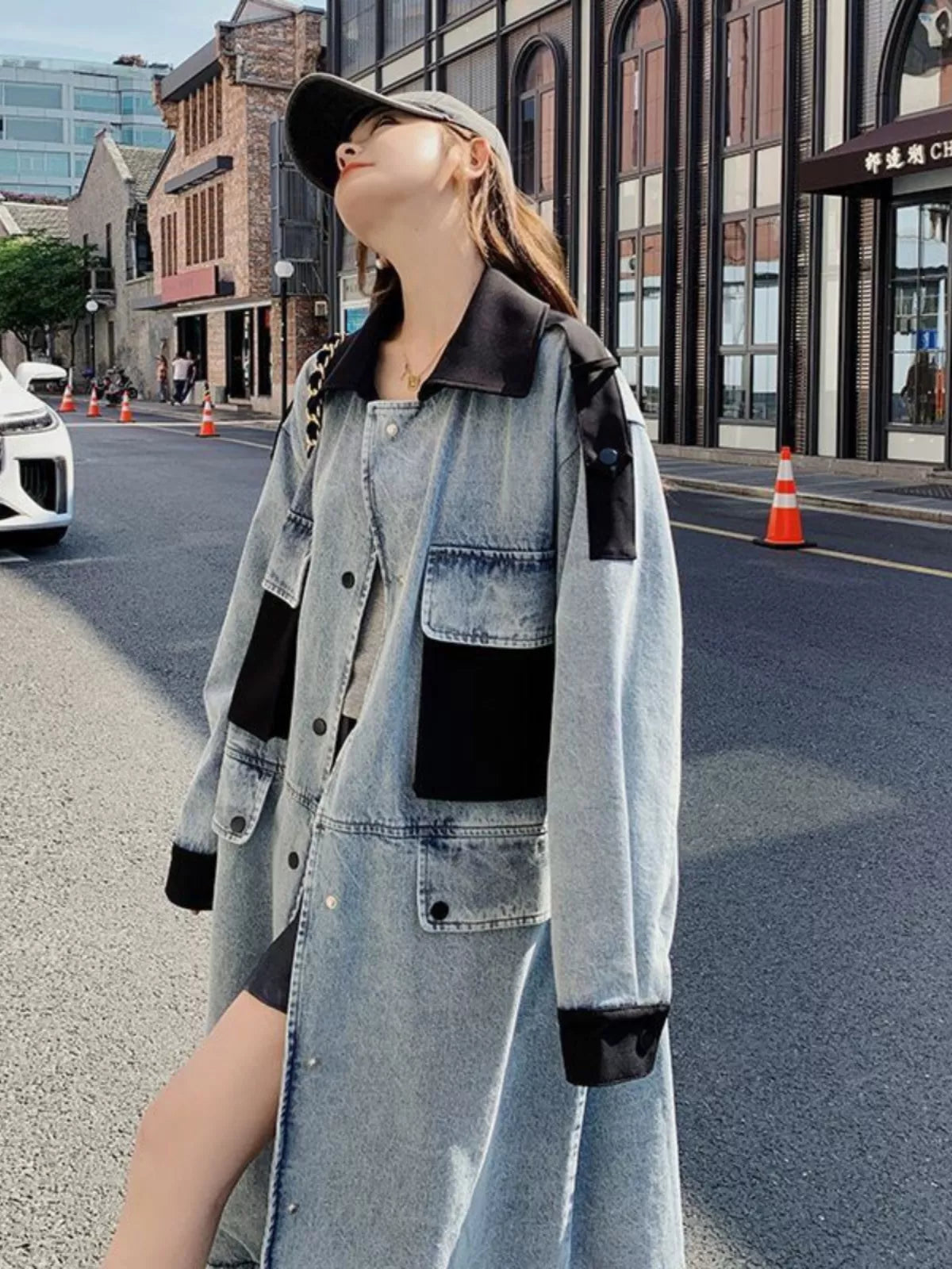 Long Denim Trench Coat for Women