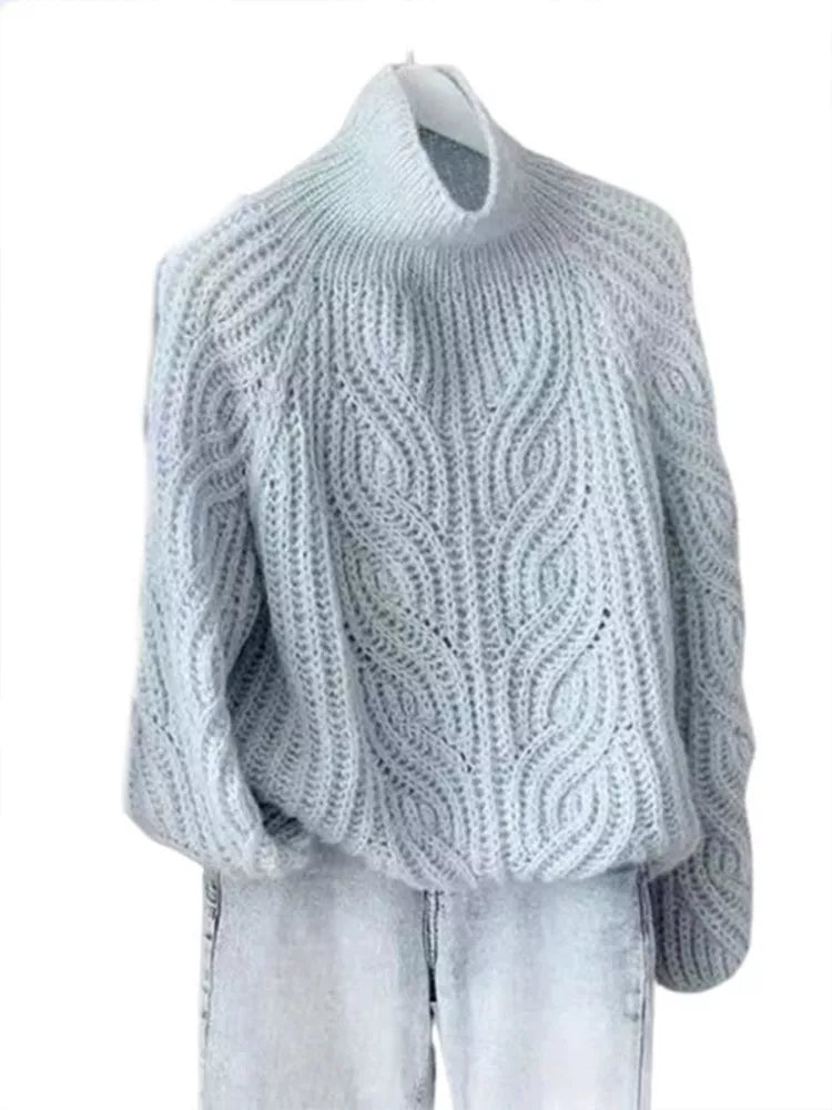 Light Blue Turtleneck Cable Knit Sweater for Women