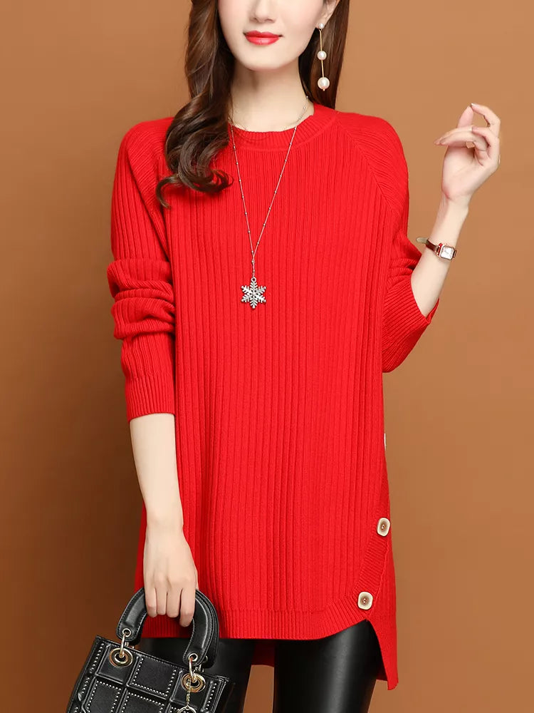 Langer Pullover mit seitlichen Knöpfen für Damen