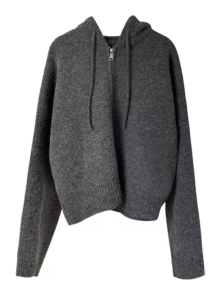 Beigefarbene Strickjacke mit Kapuze und Reißverschluss für Damen