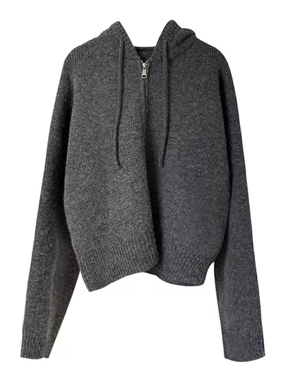 Cárdigan de punto beige con capucha y cremallera para mujer