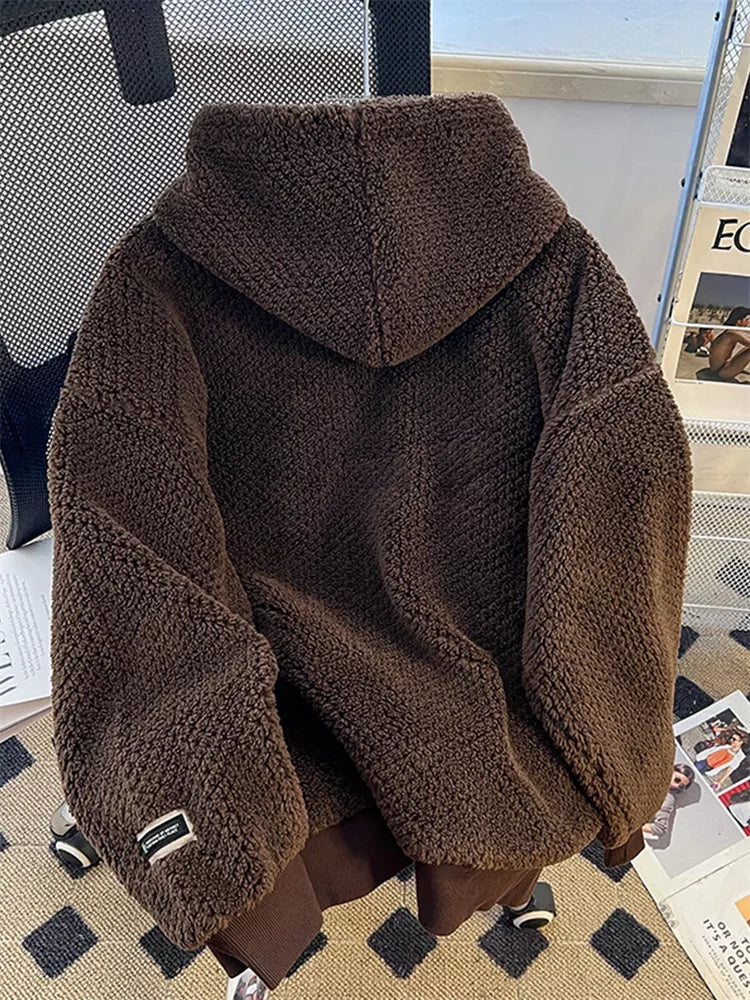 Sudadera con capucha de forro polar de alta gama color café para mujer