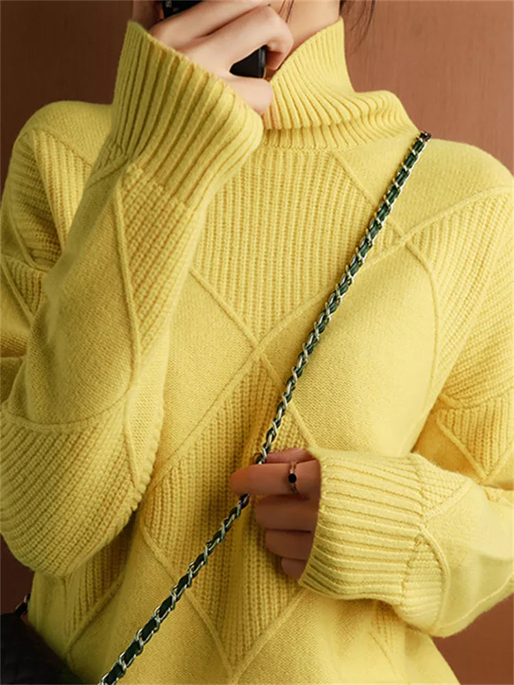 Women’s High-Neck Diamond Knit Pullover Sweater