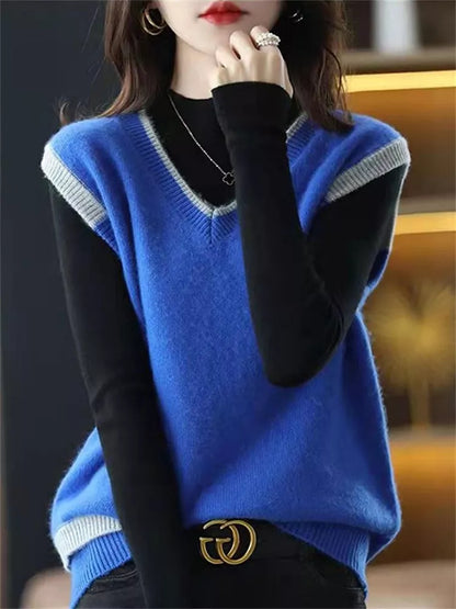Strickweste mit Farbblock-Design und V-Ausschnitt für Damen