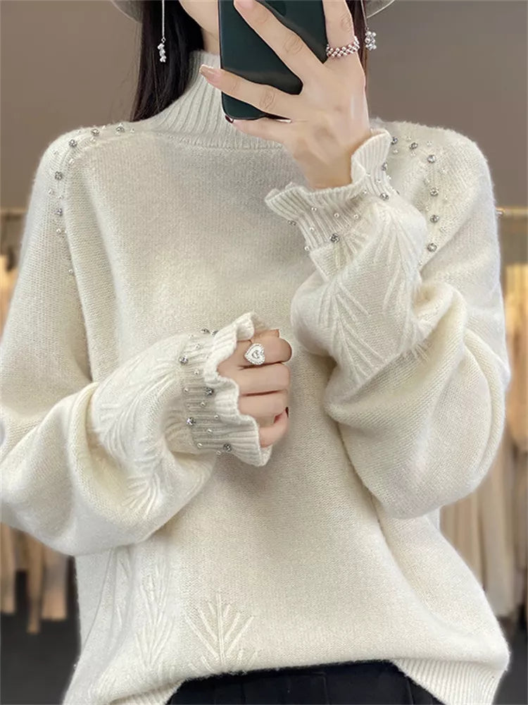 Suéter de punto con cuello alto y adornos para mujer