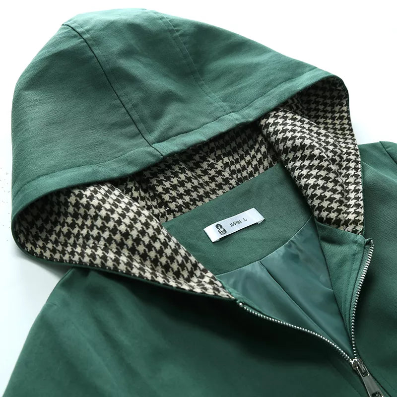 Grüner Baumwoll-Trenchcoat mit Kapuze für Damen