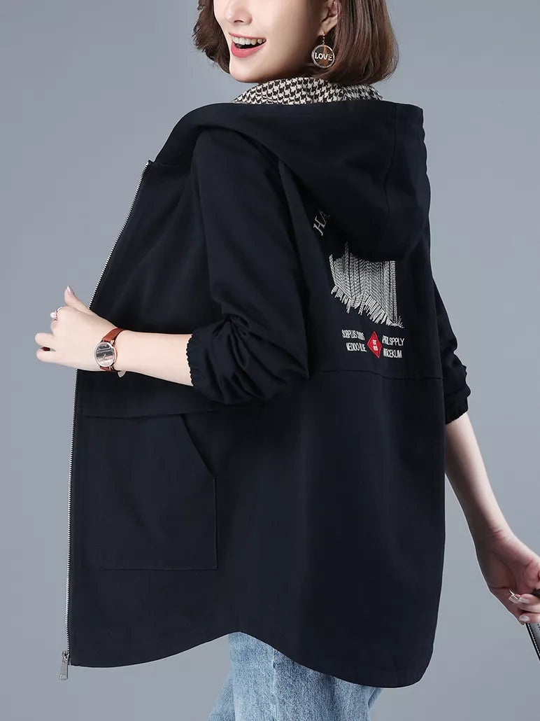 Grüner Baumwoll-Trenchcoat mit Kapuze für Damen