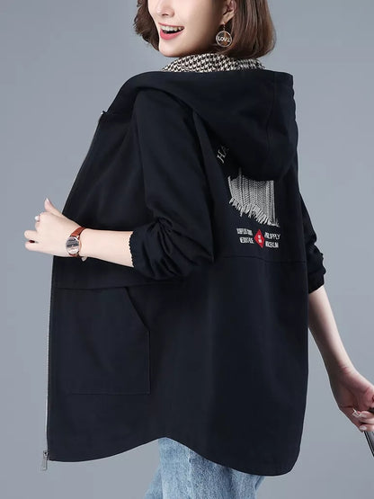 Grüner Baumwoll-Trenchcoat mit Kapuze für Damen