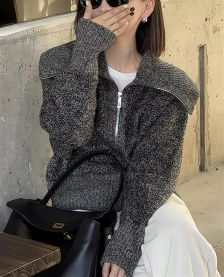 Double-Zipper Thick Knit Cardigan with Turn-Down Collar for Women
