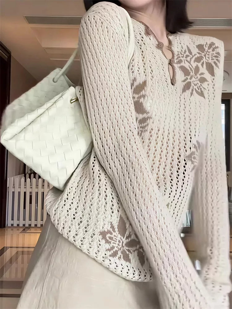 Bedrucktes, farblich abgesetztes Langarm-Strickoberteil für Damen