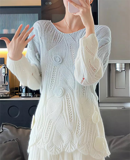 Suéter de punto hueco con degradado azul y blanco para mujer, diseño floral 3D elegante