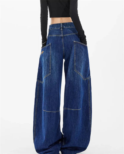 Pantalones cargo de mezclilla con bolsillos curvos estilo americano para mujer