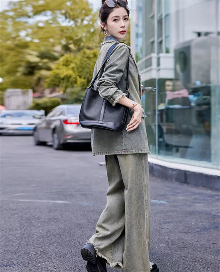 Vintage Denim Blazer and Wide-Leg Pants Set for Women